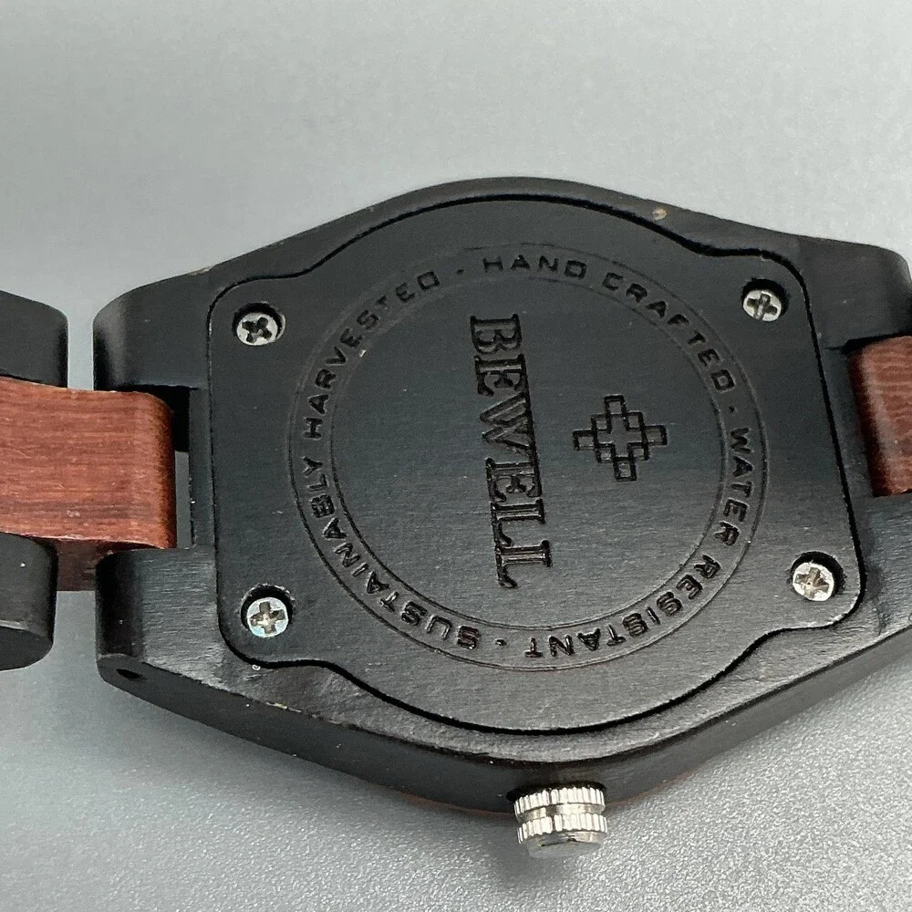 Bewell Womens Watch 31mm Black Dial Wood Bracelet Handcrafted New Battery 7.25